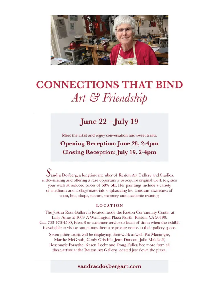 Connections That Bind, An event poster to announce a show and sale featuring work of Sandra Dovberg, longtime artist member of Reston Art Gallery